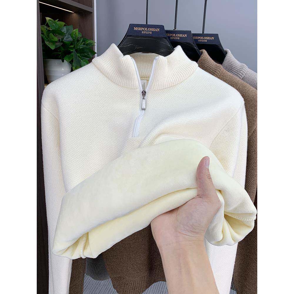 高端半高领毛衣男加绒加厚保暖上衣冬季新款雪尼尔半拉链领针织衫