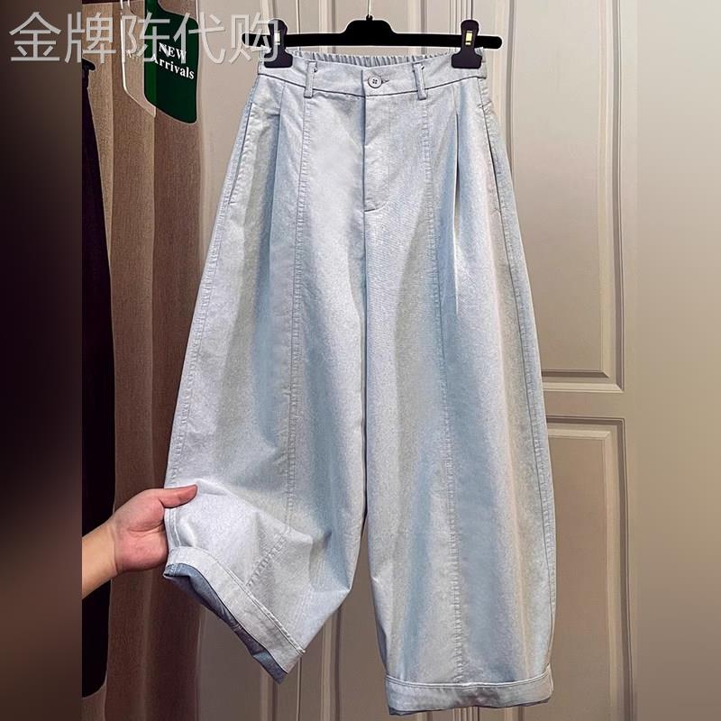 潮牌老钱风薄款休闲裤九分弯刀牛仔裤女夏季松紧腰高腰直筒气球裤图片