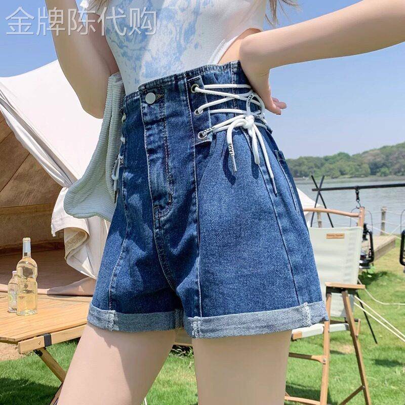 蓝色牛仔短裤女夏季交叉绑带设计感小众高腰显瘦卷边宽松美式热裤