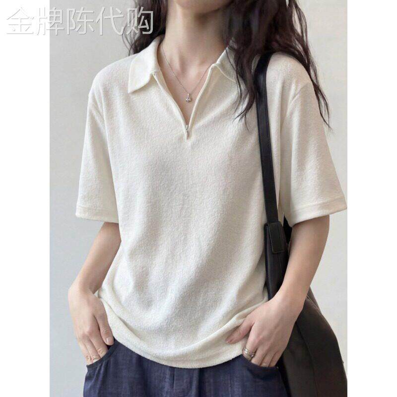 白色拉炼POLO衫短袖T恤女夏季韩系设计感宽松短款正肩翻领小上衣