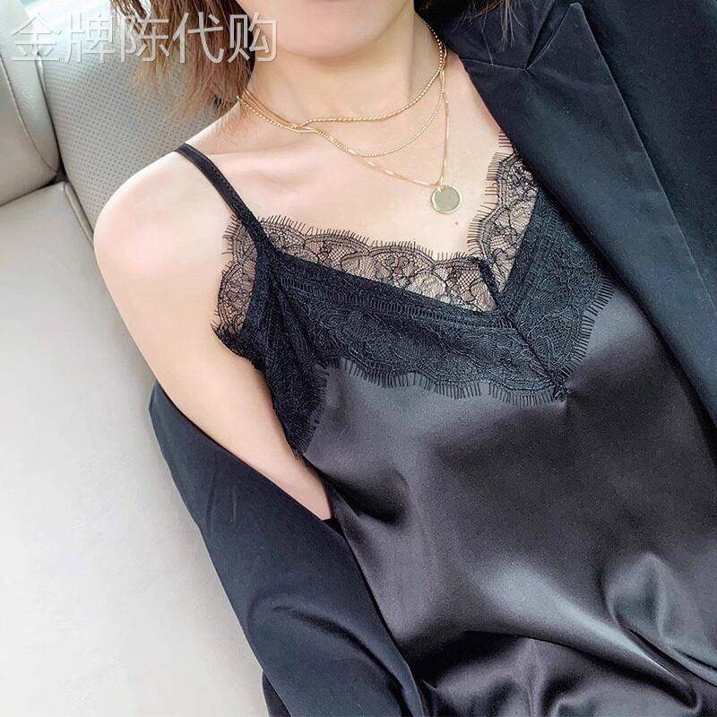醋酸缎面小吊带背心女夏外穿2025新款法式蕾丝小西装内搭打底上衣