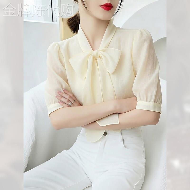 优雅风蝴蝶结短袖衬衫女夏季2026年新款绝美漂亮上衣独特雪纺衬衫