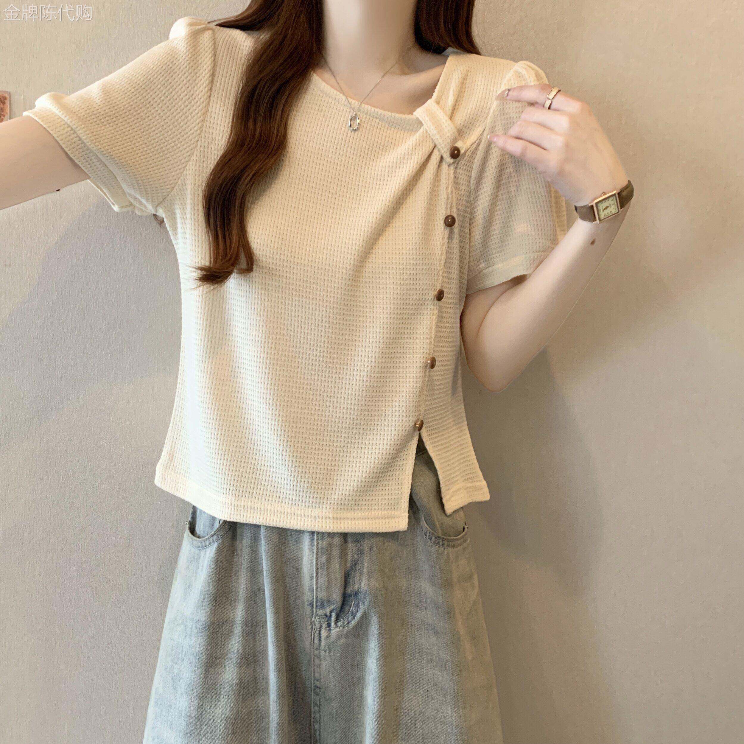 正肩短袖T恤女夏季薄款2026新款大尺码显瘦卡腰小衫不规则开叉上