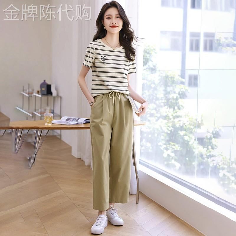 潮牌短袖套装女小个子夏季薄款2026新款显瘦条纹T恤九分裤两件套