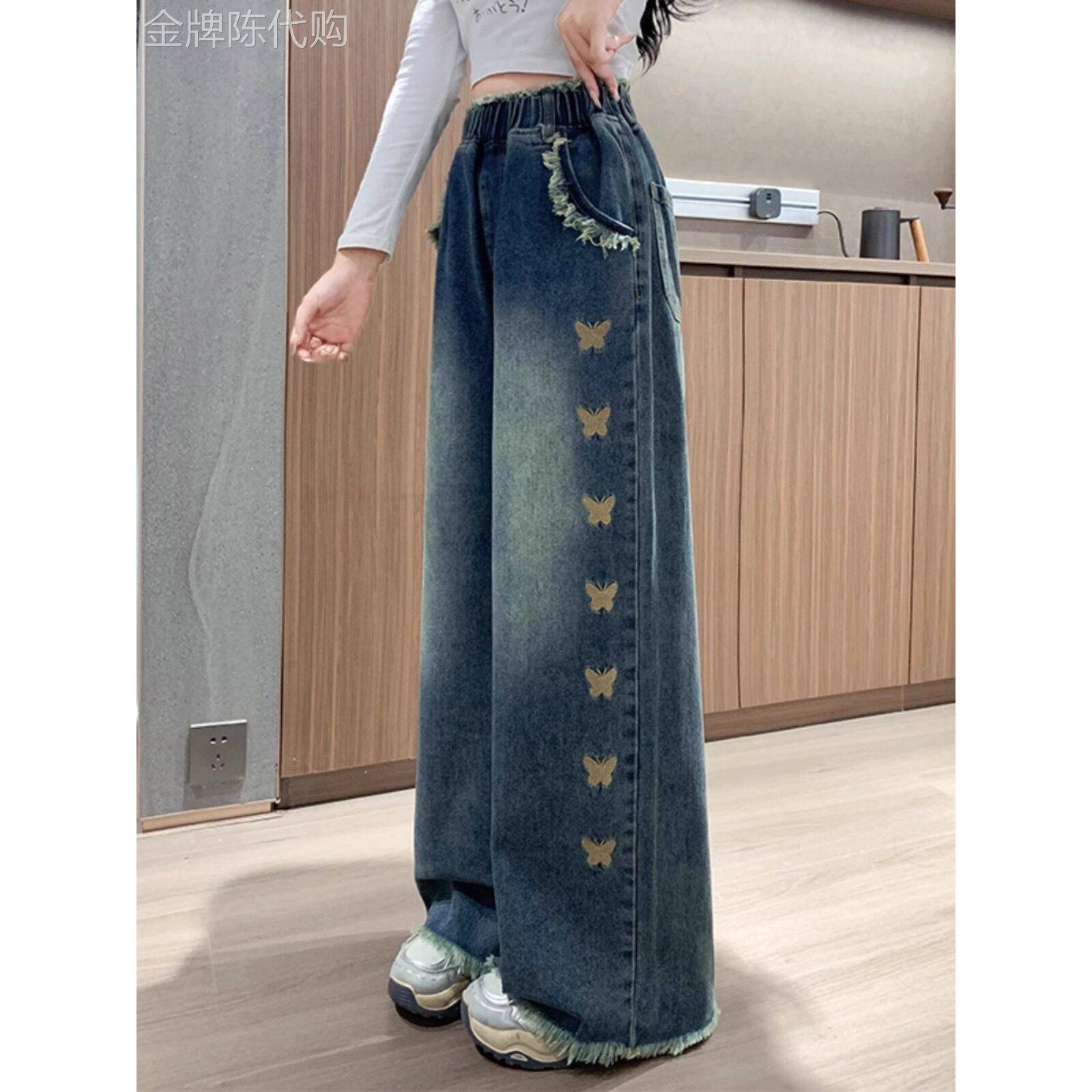 直腿牛仔裤女士春季2025新高腰宽松褶皱修身刺绣设计大尺寸阔腿裤