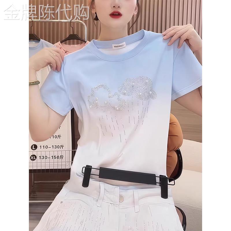 蓝色渐变高级感烫钻短袖T恤女春夏欧货显瘦圆领宽松百搭时尚上衣