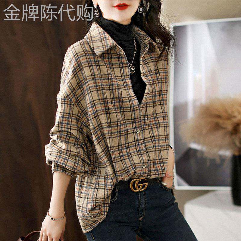 欧洲站磨毛格子长袖衬衫女2026新款春秋冬季复古宽松遮肚子衬衣潮