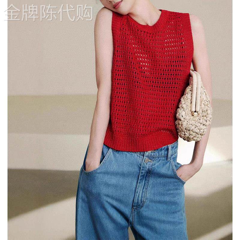 红色镂空针织背心女2025夏季新款宽松休闲小个子百搭短款无袖上衣