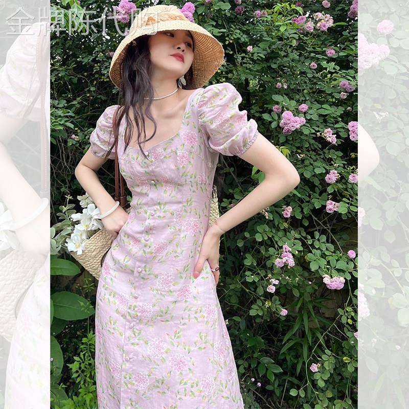 茶歇法式紫色碎花连衣裙女夏2025新款端庄大气高级感初恋短袖裙子
