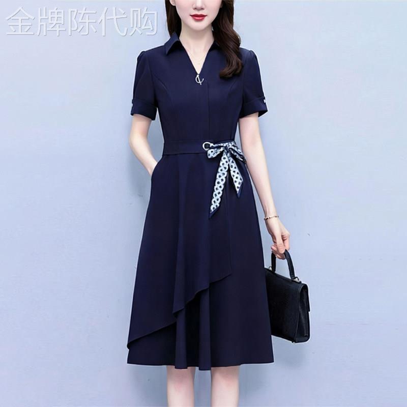 潮牌气质短袖洋装系带收腰显瘦遮肚中长裙子胖仙女大尺码女装夏装