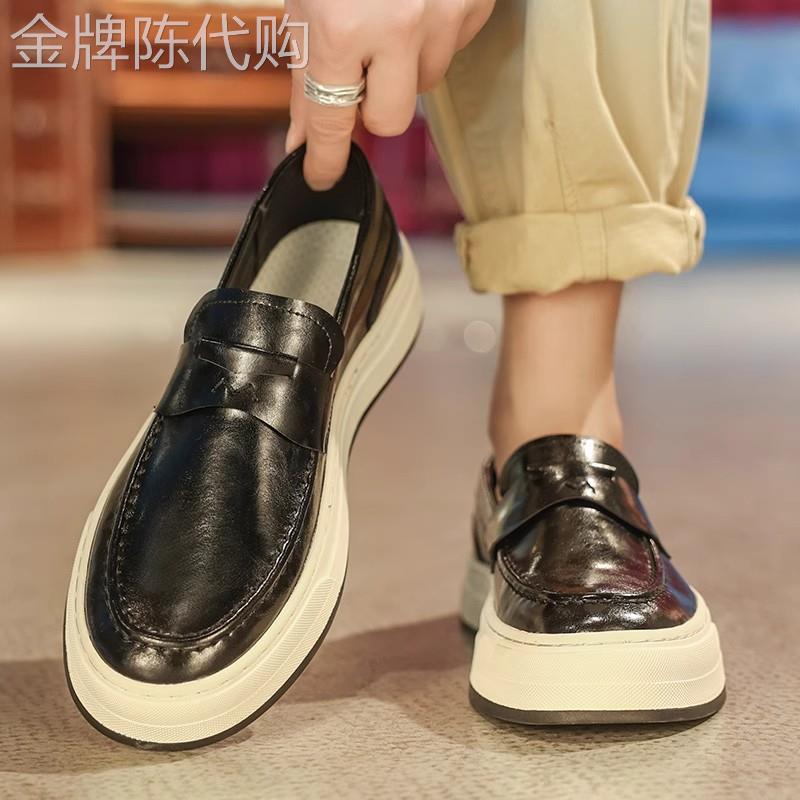 欧洲站白底黑面男鞋休闲鞋子男皮鞋乐福豆豆鞋帆船懒人一脚蹬板鞋