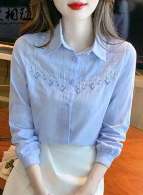 香港Timo绣花棉衬衫女式长袖2025春季新Ol风格休闲白色棉衬衫