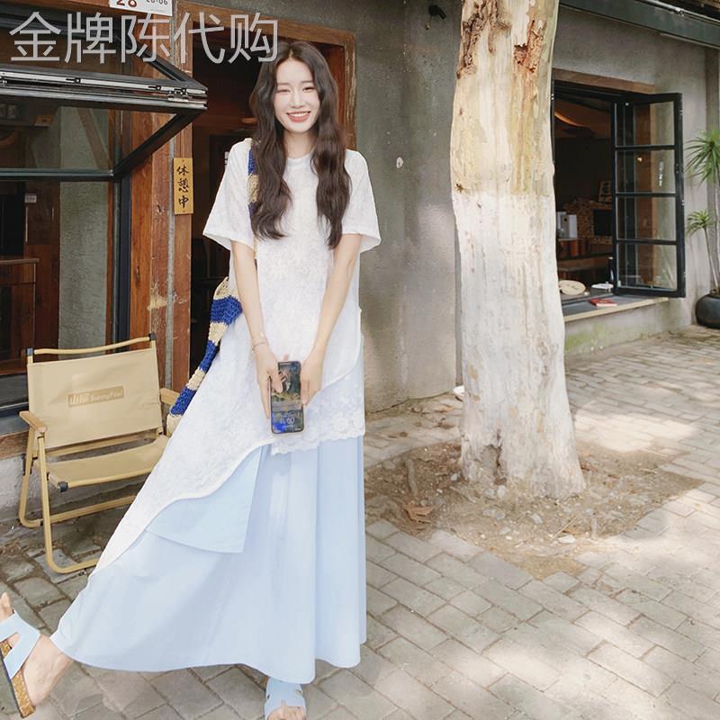 米白色罩衫洋装女装2026夏季穿搭松弛感蕾丝拼接半身裙子三件套