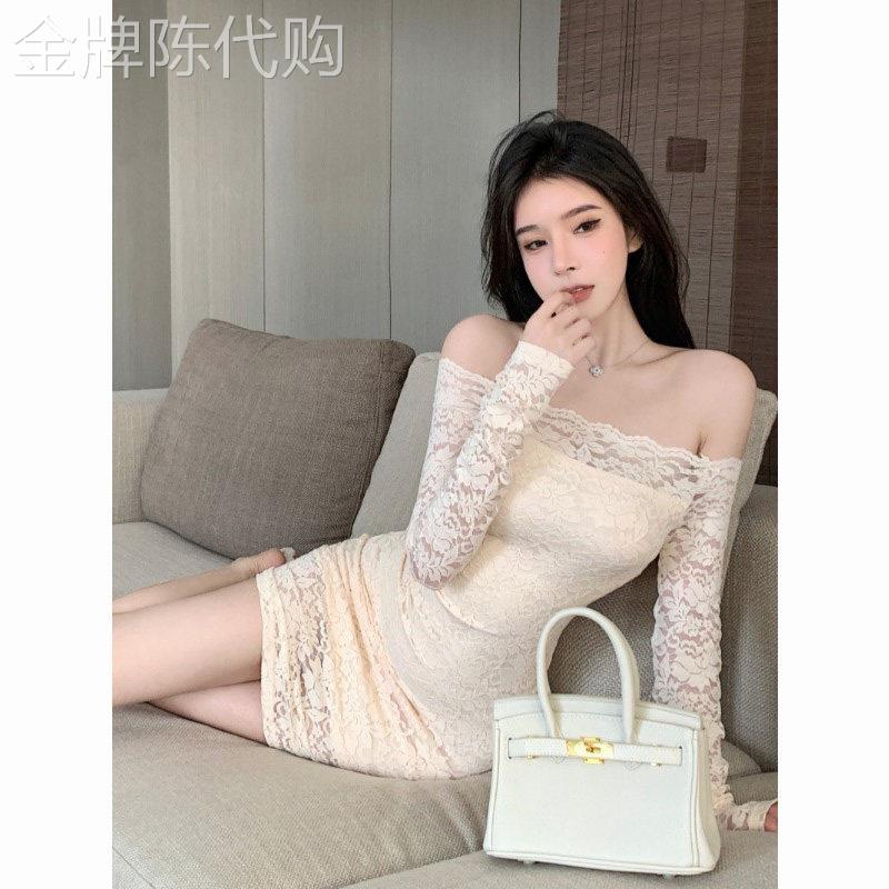 名媛一字肩蕾丝洋装女早春新款法式修身显瘦气质性感包臀短裙子