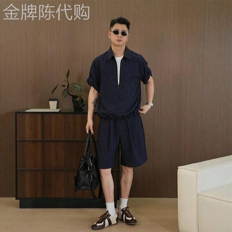 潮牌假两件条纹短袖衬衫短裤套装男士夏季松弛感T恤休闲裤两件套