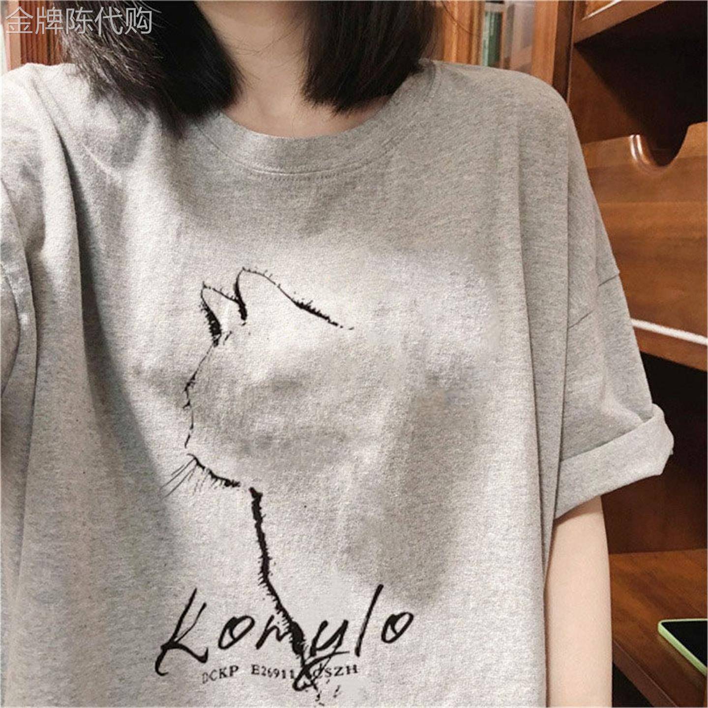 灰色中长款短袖T恤女夏季爆款时尚猫咪印花纯棉体恤衫宽松上衣潮