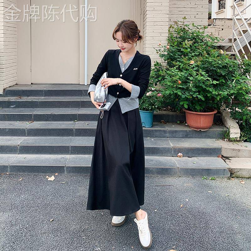 2026春季优雅淡人设计感套装女黑色氛围感假两件长袖半身裙两件套