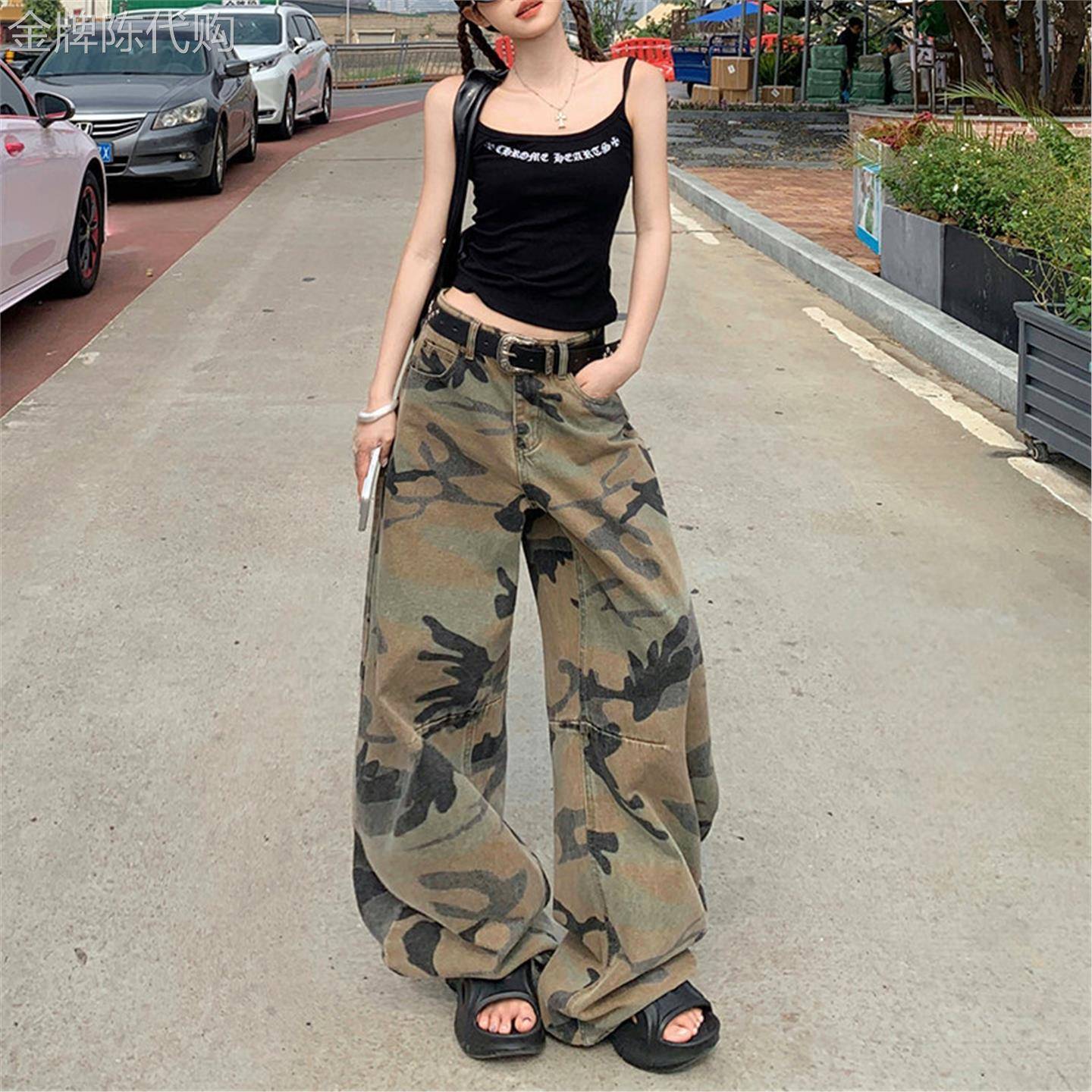 Candy丨迷彩拼接工装阔腿裤女2026新款夏美式高腰嘻哈辣妹潮流拖