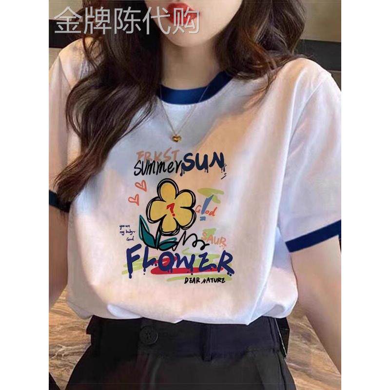 欧洲站对比色右肩纯棉短袖女式t恤2025新夏季宽松时尚印花白色上