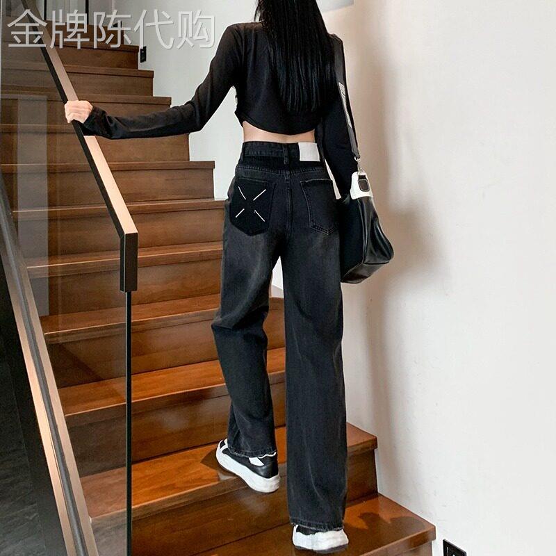黑灰色薄款阔腿裤牛仔裤女春夏2026年新款美式高腰窄版显瘦直筒裤