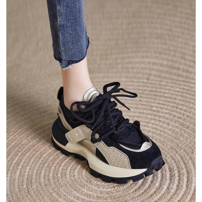 真皮厚底运动鞋女2025年秋冬季新款加绒拼色老爹鞋软底休闲运动鞋