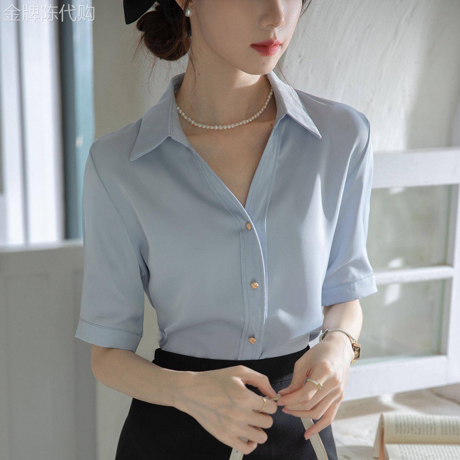 衬衫女短袖夏季薄款V领蓝色中袖上班服面试正装女套装衬衫工作服