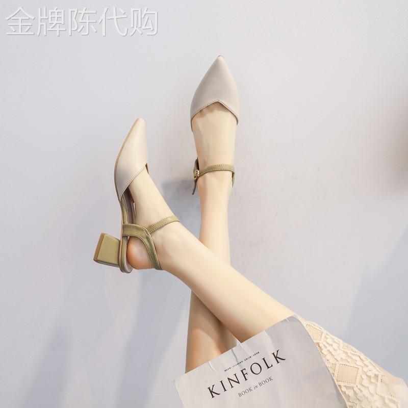 淑女包头凉鞋女夏季2025年新款中跟粗跟仙女风一字带尖头高跟鞋子