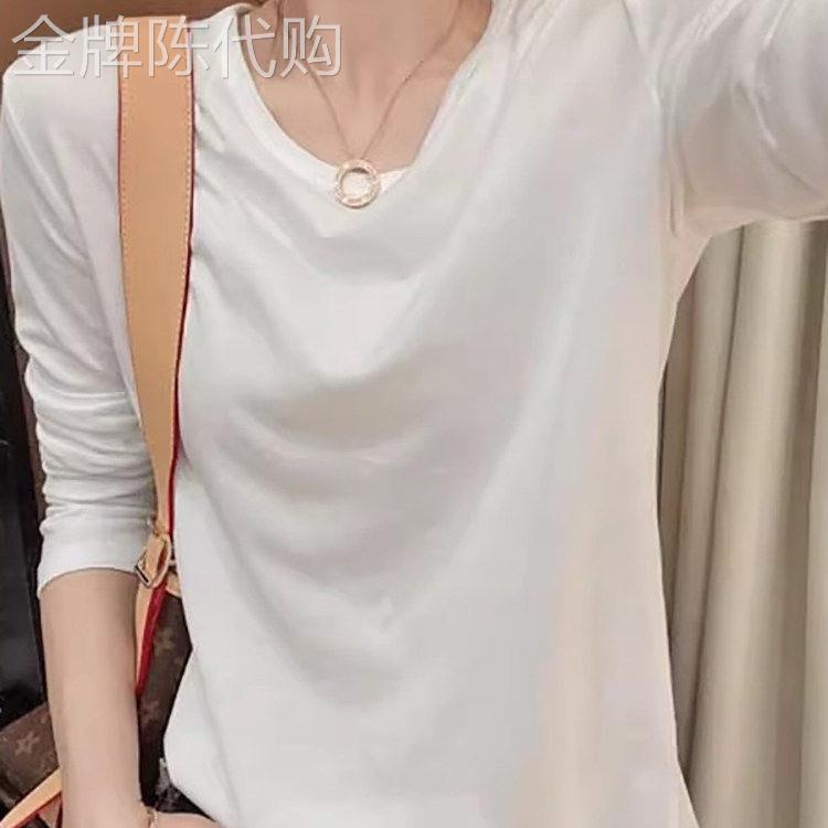 韩国纯棉白色正肩长袖T恤女秋季新款大尺码胖mm打底衫内搭显瘦上