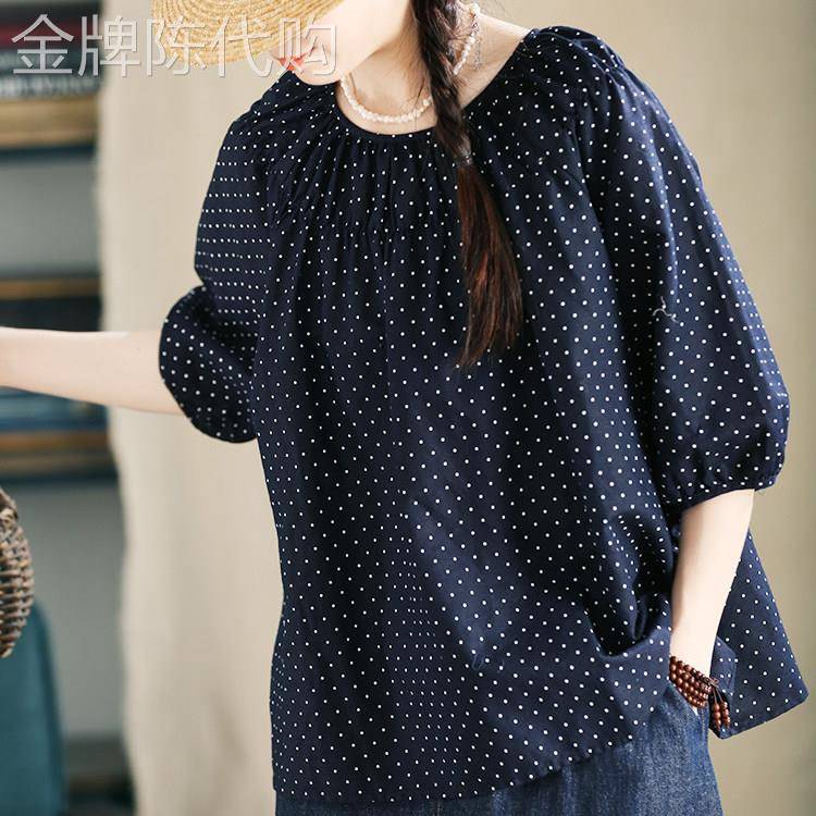 棉麻波点短袖衬衫女夏季薄款2026新款气质印花百搭五分泡泡袖上衣