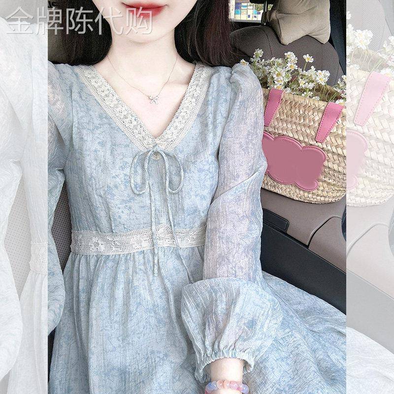 法式茶歇蓝色长袖洋装女秋季2025新款气质高端女神范收腰长裙子