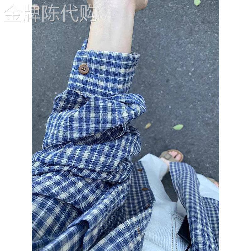 覆古蓝色格子衬衫女夏季韩系氛围感穿搭宽松显瘦时尚休闲 百搭衬