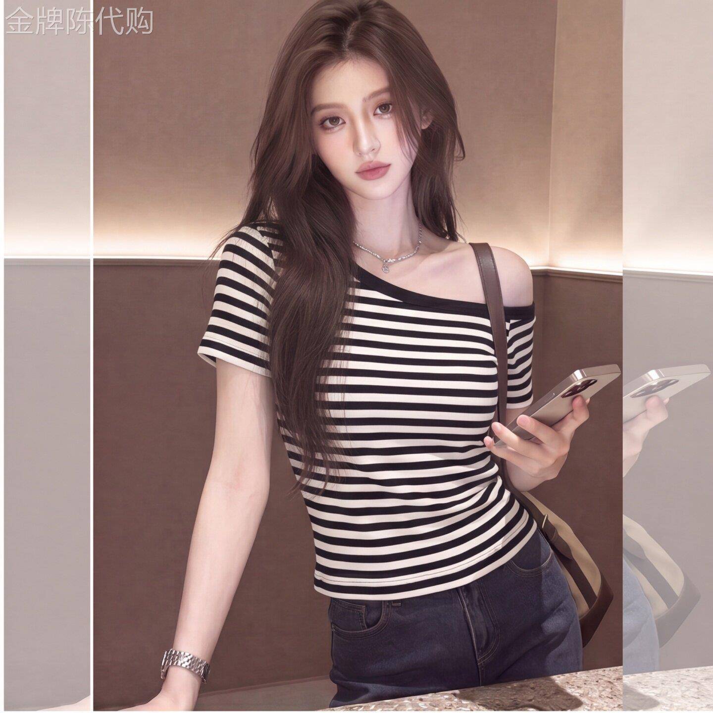 美式条纹斜肩短袖T恤女2026新款夏季穿搭又a又飒御姐穿搭露肩上衣
