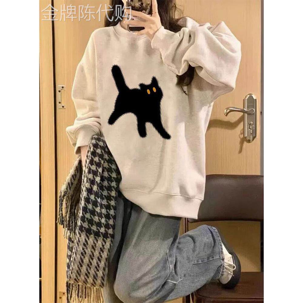 卫衣女装2025春季新款卡通猫咪印花宽松显瘦休闲加绒圆领长袖上衣