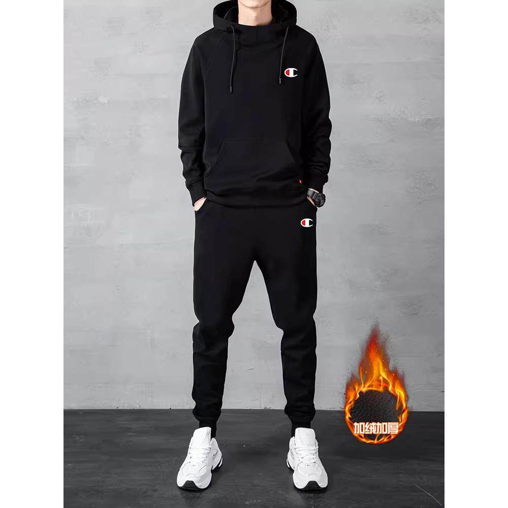 高端男士连帽套头休闲运动服套装秋冬加绒加厚卫衣宽松大码外套男