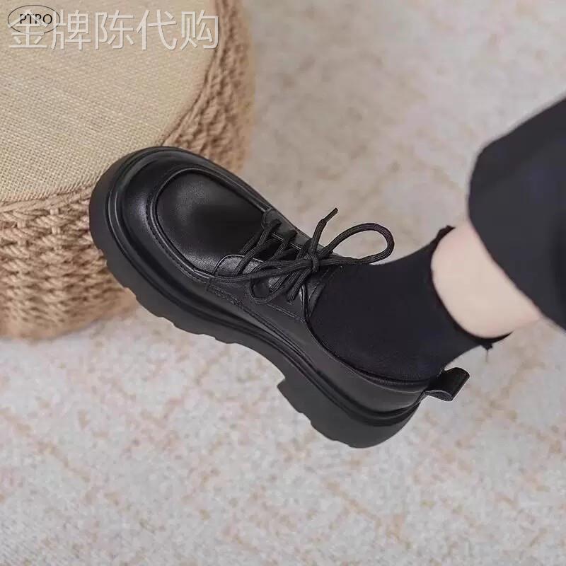 真皮厚底乐福鞋女2026新款英伦风黑色jk系带小皮鞋松糕跟增高单鞋
