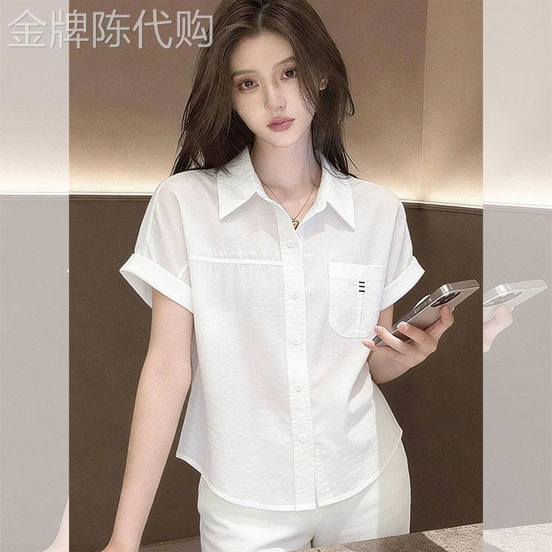 白色通勤风翻领口袋洋派短袖衬衫女夏季新款薄款简约百搭显瘦衬衫