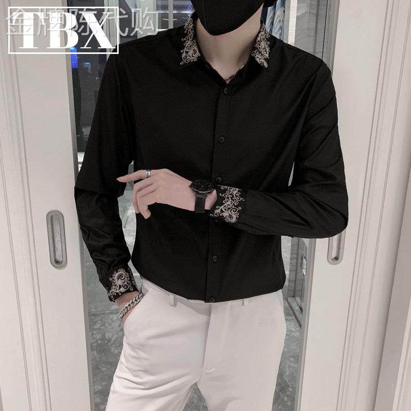高端男士长袖衬衫2025新款高级感痞帅刺绣花领轻熟风黑色衬衣男款