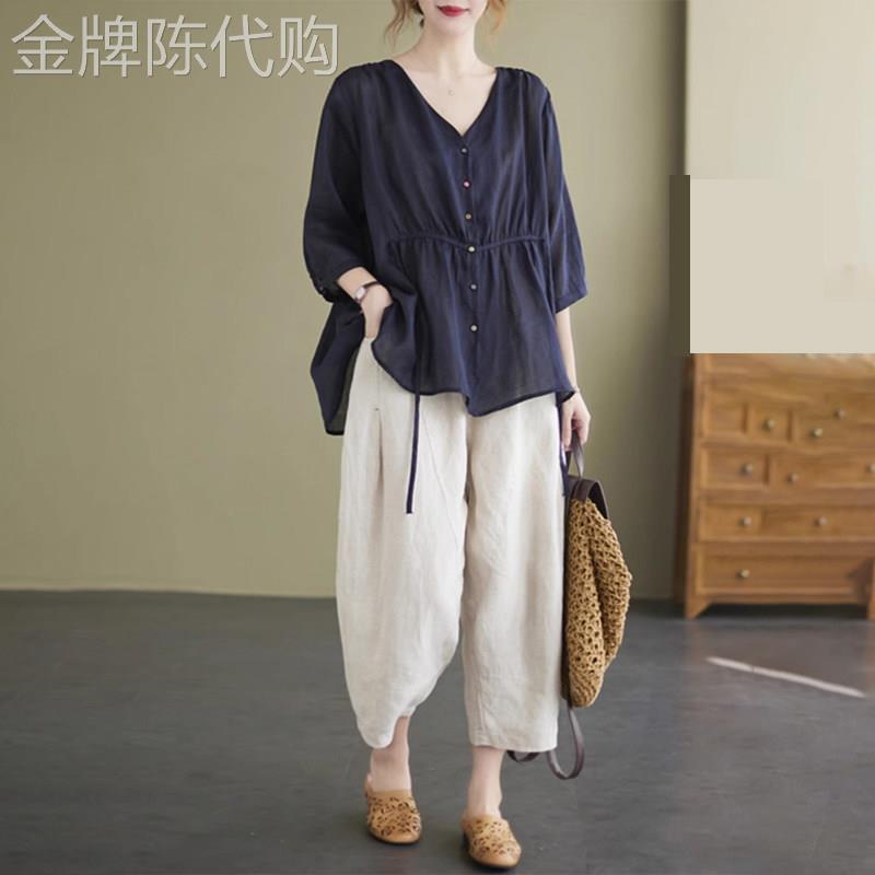 2025夏季潮牌中年妈妈套装女短袖上衣大尺码显瘦棉麻裤子洋派两件