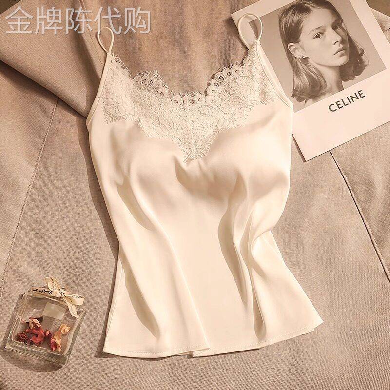 蕾丝醋酸缎面吊带背心女内搭白色高级感修身打底美背上衣西装内搭