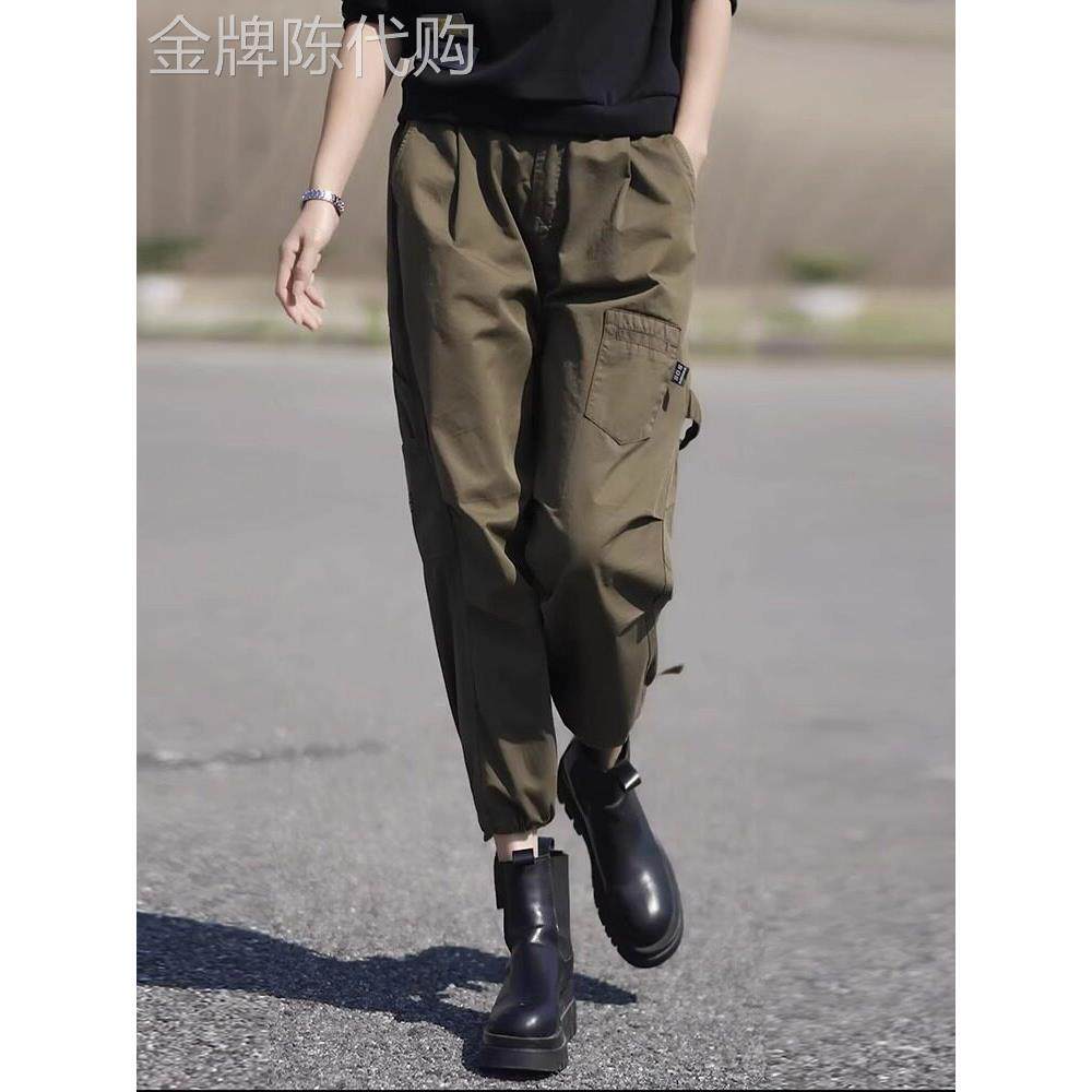 军绿色纯棉女工装裤春秋季薄2025新大尺寸瘦身Look腿九点后宫休闲
