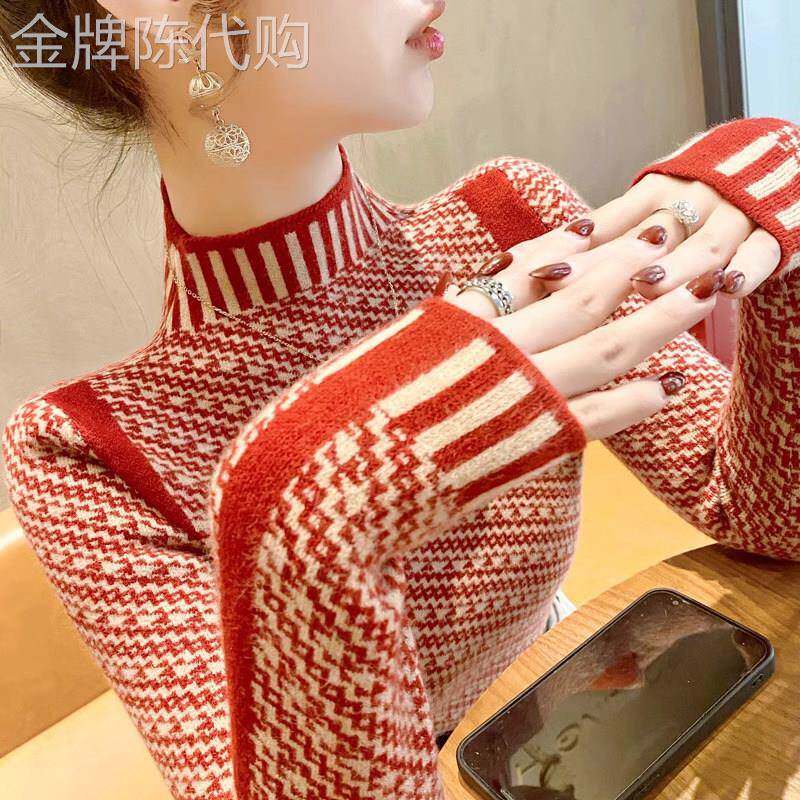 半高领打底衫女秋冬2025新款内搭时尚洋气修身红色毛衣针织衫上衣