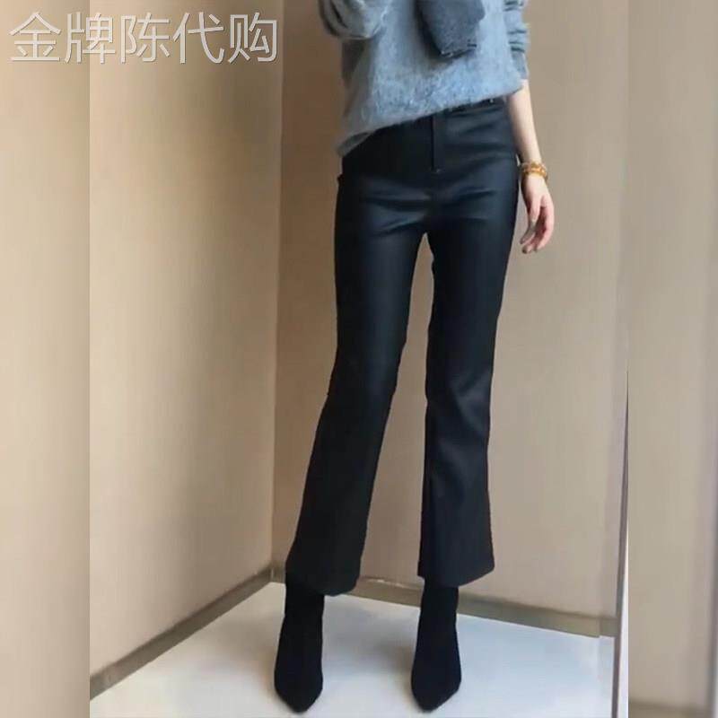 SPYB黑色微喇皮裤女2025年春秋季新款梨形身材小个子显瘦九分裤子