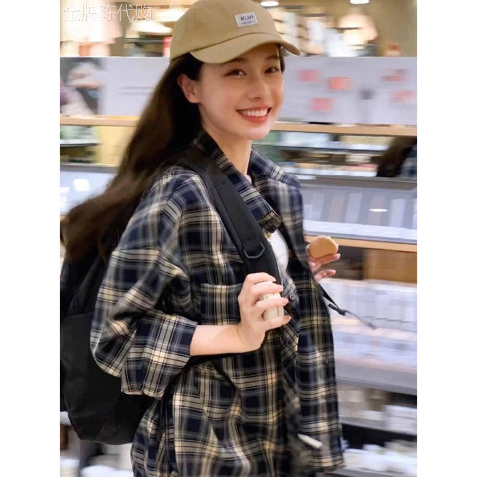 格子女士防晒衬衫2025夏季新覆古香港风格设计宽松薄长袖上衣