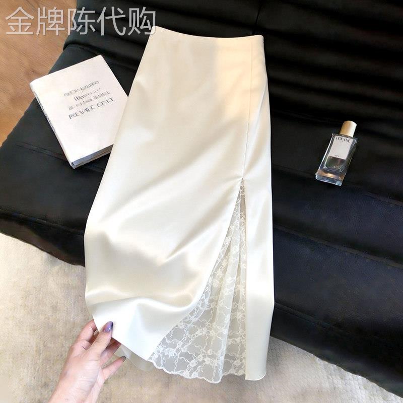 白色蕾丝拼接开叉半身裙女2026夏季新款高腰优雅风气质轻熟直筒裙