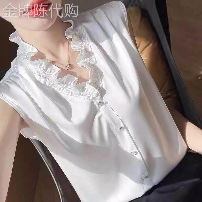白色花边衬衫女夏季薄款2026新款高级感法式缎面西装打底无袖上衣
