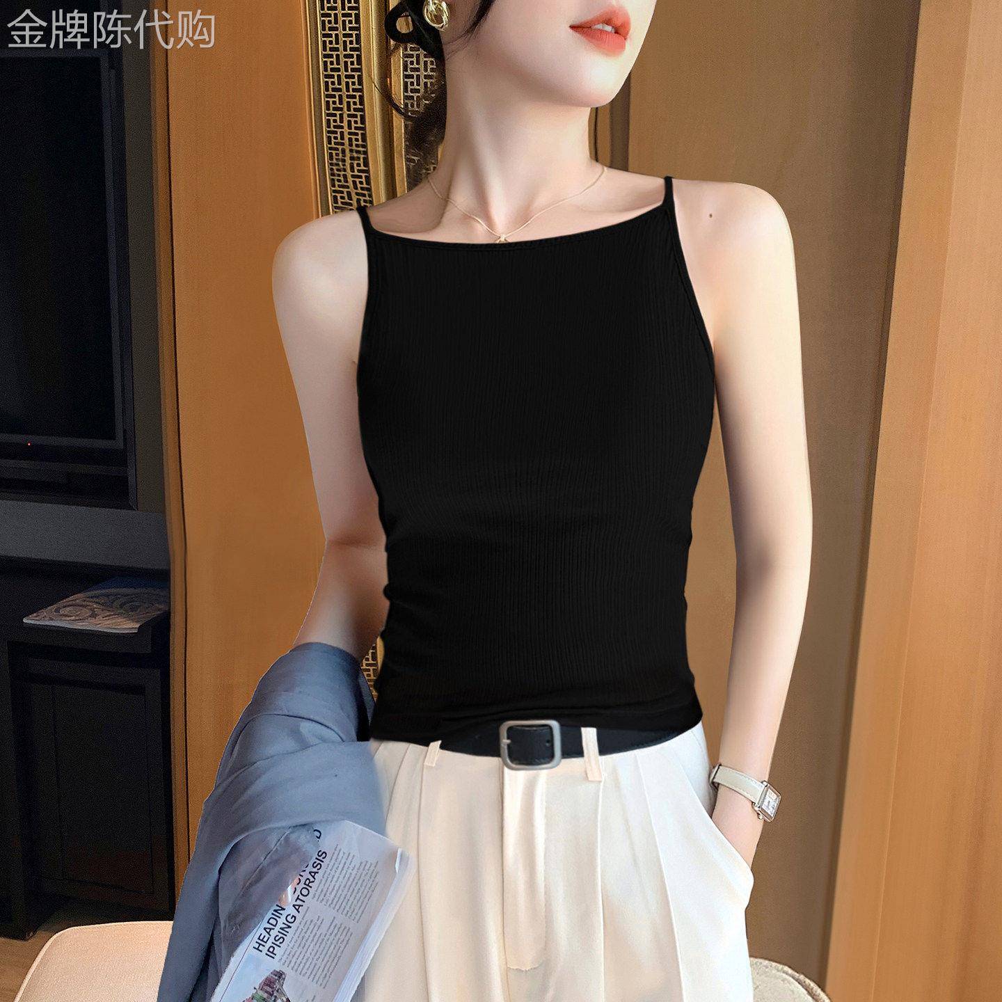黑色吊带背心女夏季外穿2026新款运动显瘦遮副乳内搭一字领上衣潮