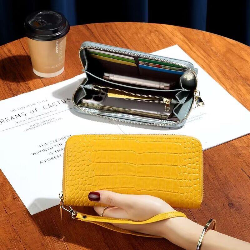 香港代购鳄鱼纹真皮长款钱包女2024新款高档爆款女式黄色拉链钱夹