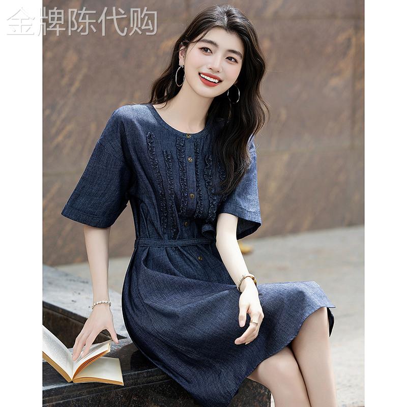 复古风木耳边牛仔洋装女26夏季新款圆领五分袖系带直筒裙