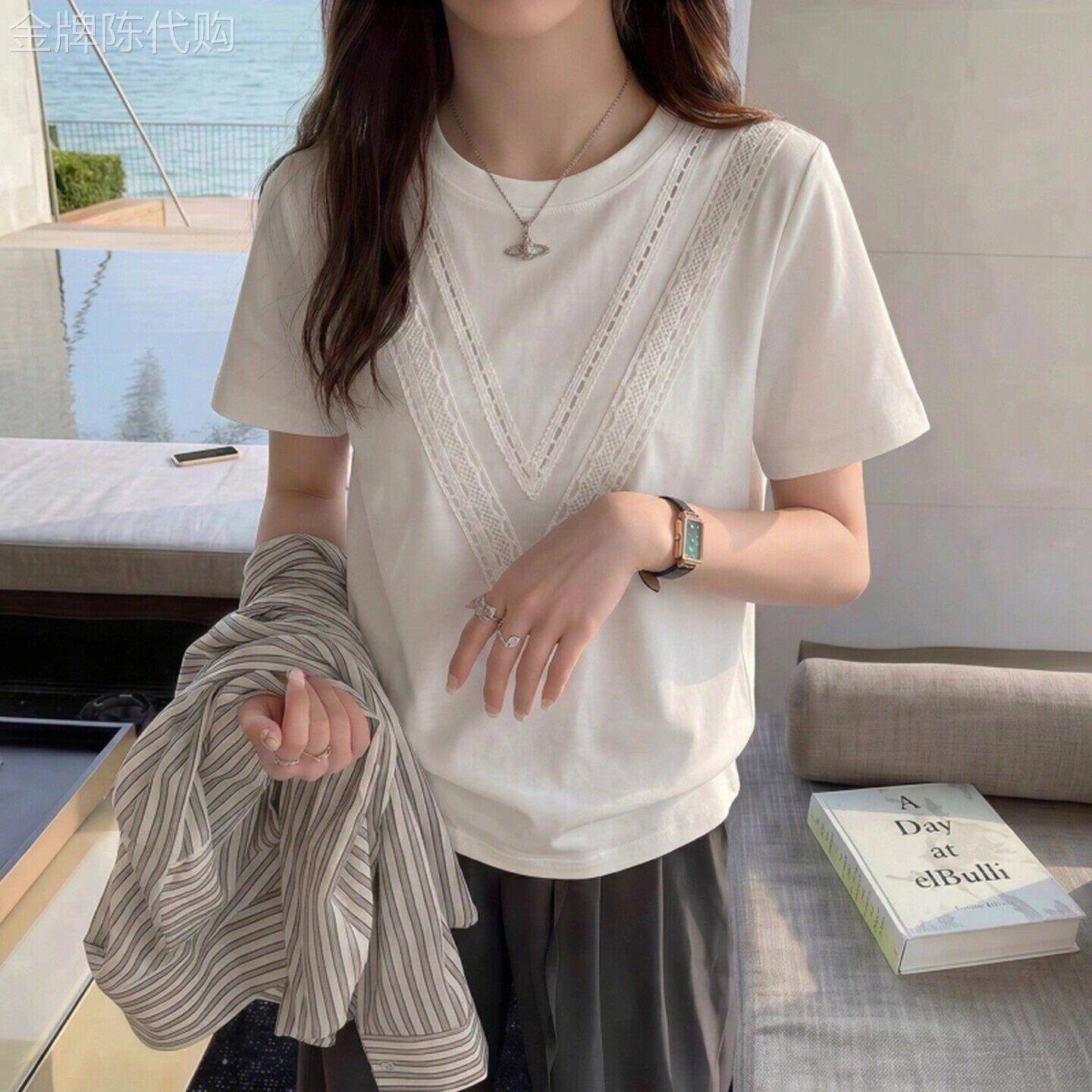 纯棉正肩短袖T恤女夏季2026年新款大尺码宽松显瘦洋派减龄蕾丝上