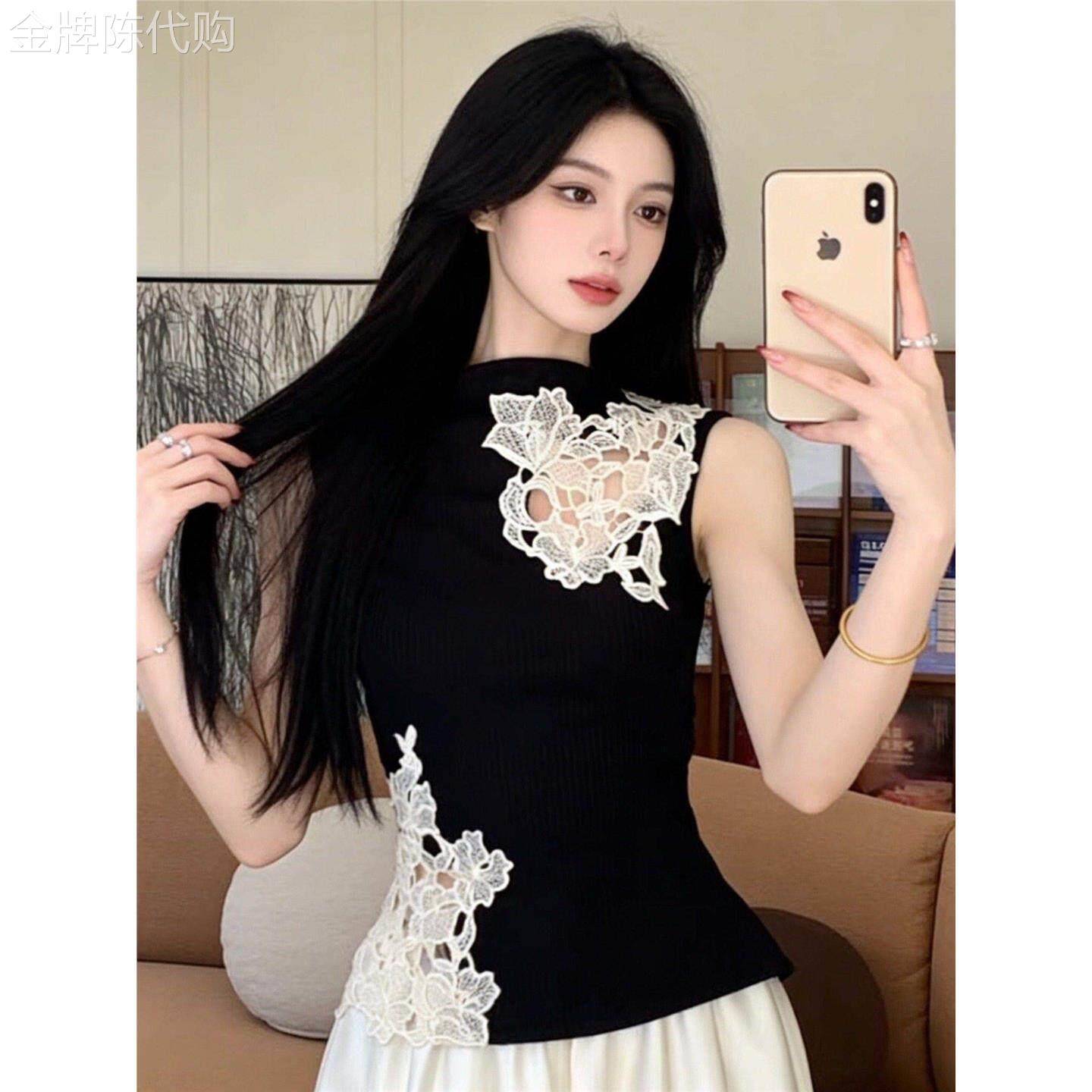 简珀新款时尚女装修身T恤韩版女夏季新中式显瘦气质黑色无袖上衣